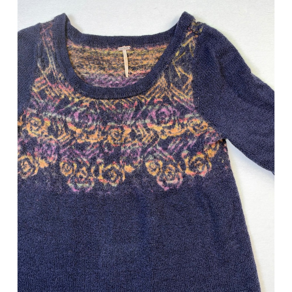 Free People Navy Blue Floral Intarsia Knit Mini Dress Tunic Cotton Alpaca Large - Picture 2 of 7